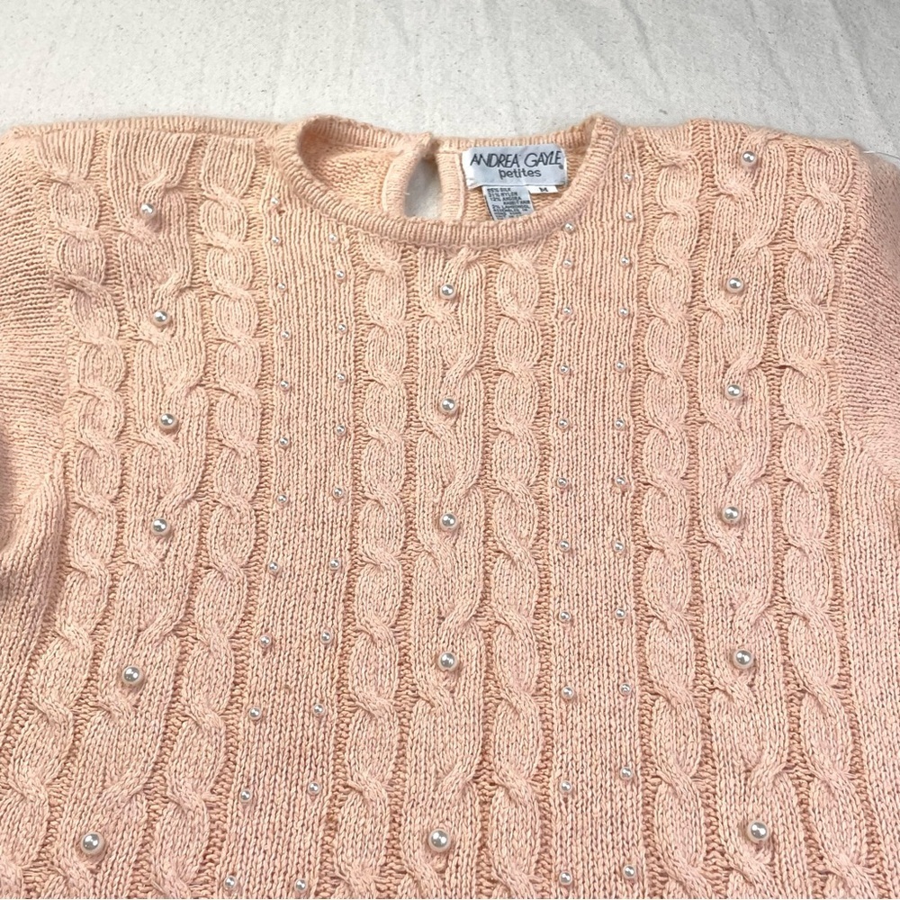 VTG Cable Knit Sweater Silk Lambswool Pearl beaded Old Money Peach Med Petite